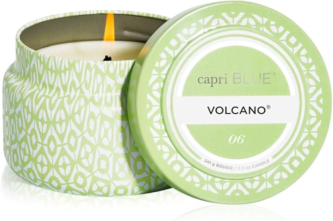 Capri Blue Volcano Scented Candles - Printed Travel Tin - Blended Soy Candles for Home Scented with Tropical Fruits & Sugared Citrus - Spring Home Decor (Iced Matcha Green Color, 8.5 oz)