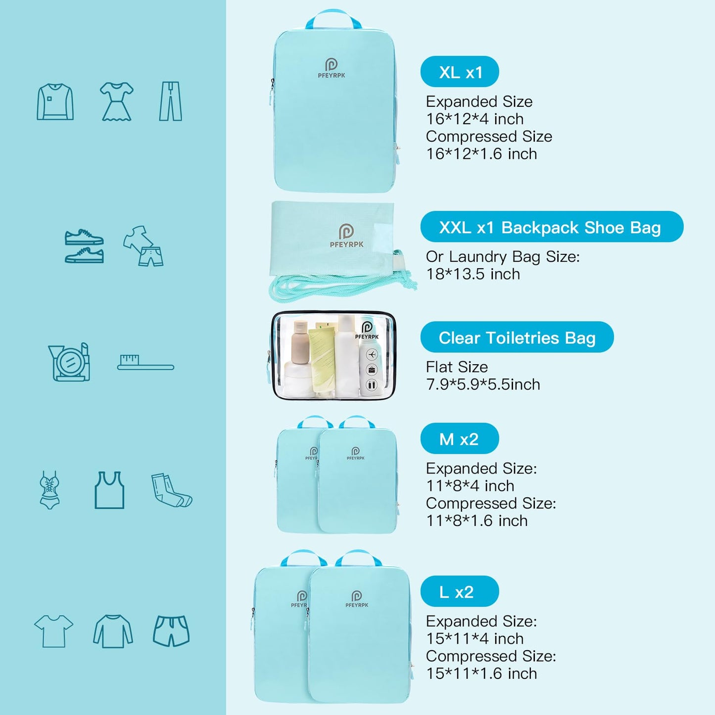 PFEYRPK Compression Packing Cubes for Suitcases,7 Set Travel Packing Cubes for travel,Expandable Organizers Bag Set & Travel Cubes for Luggage,Lightweight Durable Packing Organizers Blue.