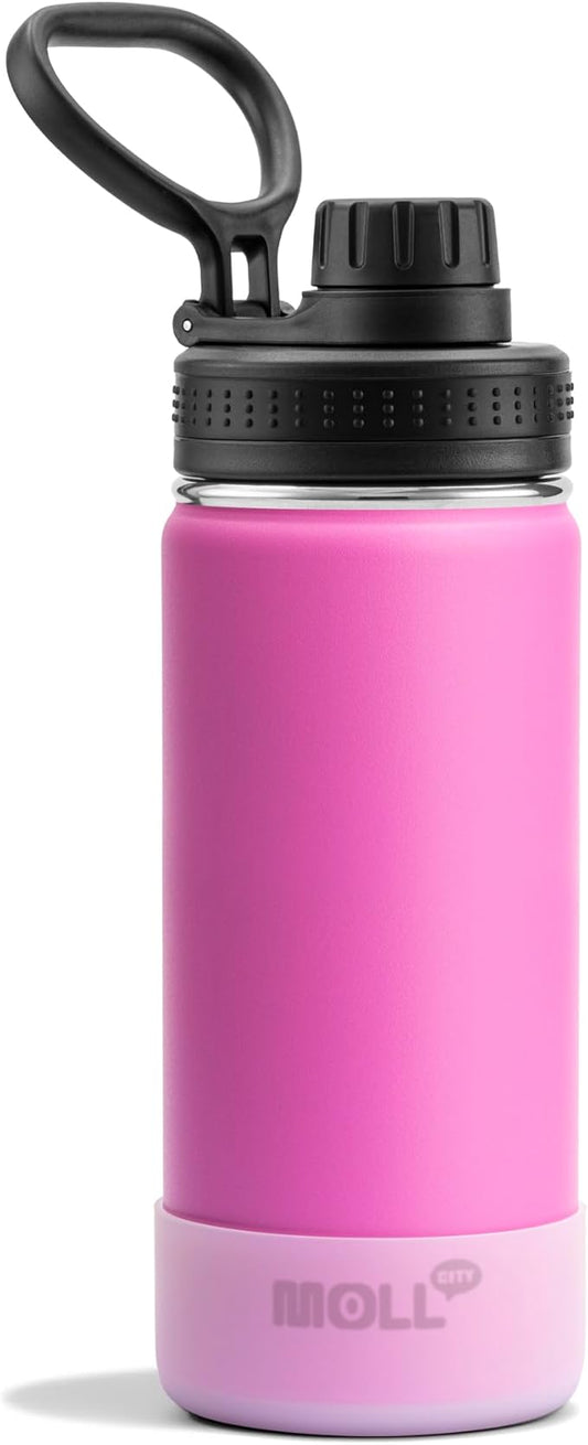 16 oz Water Bottle for Kids-16 oz Stainless Steel Vacuum Wide Mouth Sports Flask with Silicone Boot-Reusable Metal Leak Proof Travel Water Bottle for Girls Boys, BPA-Free(Hot Pink)