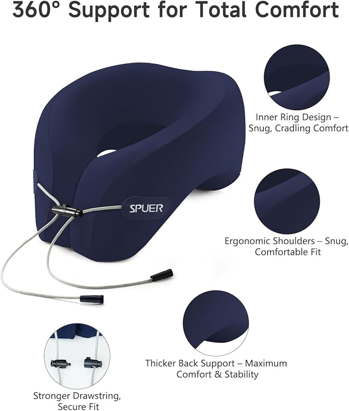 Travel Pillows for Airplanes, Neck Pillow Airplane, Airplane Travel Accessories with Eye Mask, Earplugs & Storage Bag, Ergonomic Memory Foam Neck Pillow for Sleeping, Flights, Cars, Office (Navy Blue)