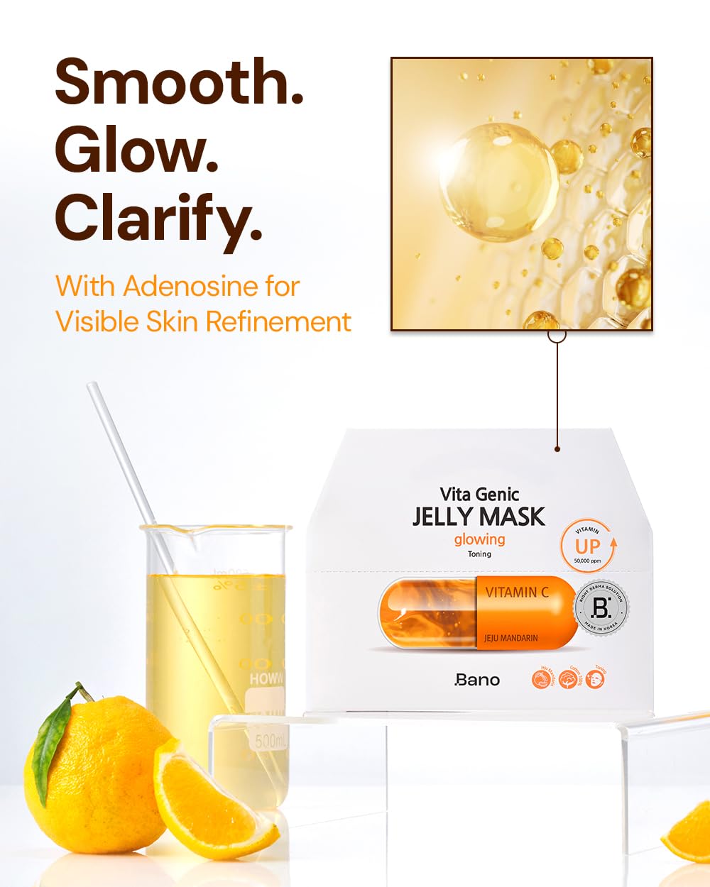 Bano Vita Genic Jelly Face Glowing Mask 10EA – Hydrating Sheet Mask for Sensitive Skin, Korean Glass Skin Care with Vitamin C, Biotin & Niacinamide, Fragrance-Free