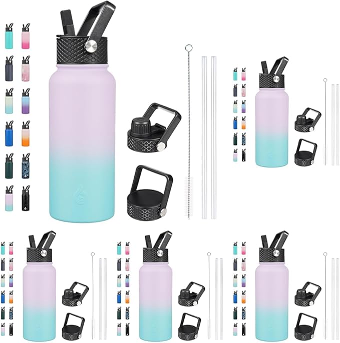 BJPKPK Insulated Water Bottles with Straw Lid, 32oz Metal Large Water Bottle with 3 Lids, Reusable Leak Proof BPA Free Thermos, Stainless Steel Canteen Water Bottle for Sports, Gym & Travel-Oasis