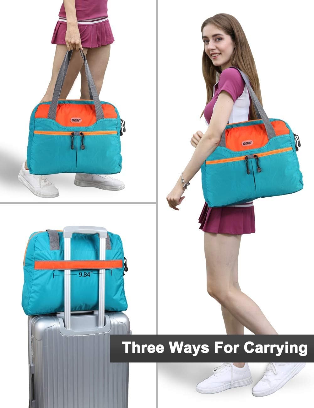 GOX Foldable Bags for Travel Duffel Bag Packable Tote Bag Carry on Luggage Weekender Overnight Bag for Women (Turquoise)