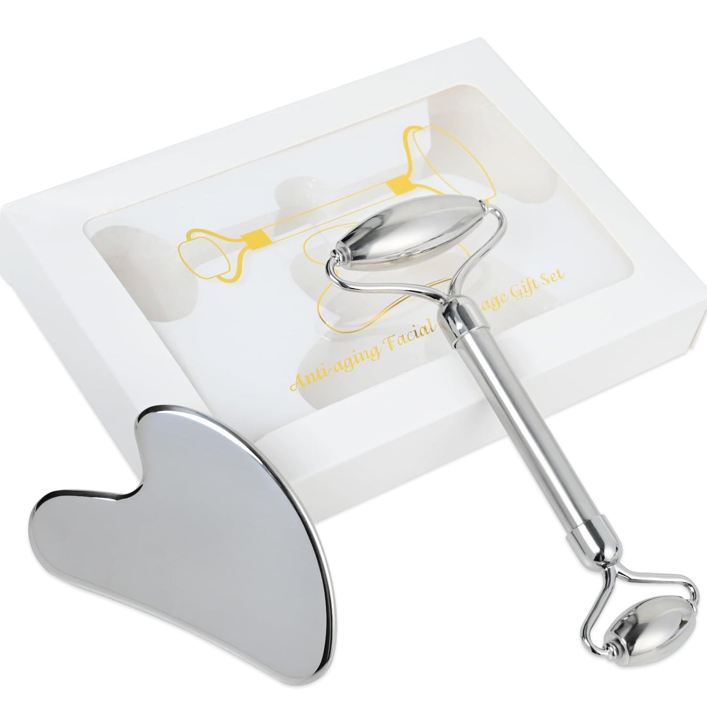 ONLYSKY BEAUTY Face Roller Gua-Sha Set Facial Roller kit for Face Skincare, Stainless-Steel Stone Sculpting Tool, Massager Roller for Skin Care,Gift for Men and Women