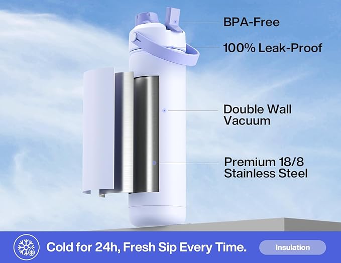 26 oz Insulated Water Bottle with 2-in-1 Straw and Spout Lid, Keep Cold 24H, Leak-Proof, Fits in Car Cup Holder, Stainless Steel Water Bottle for Sports, Travel, and School (Lupine)