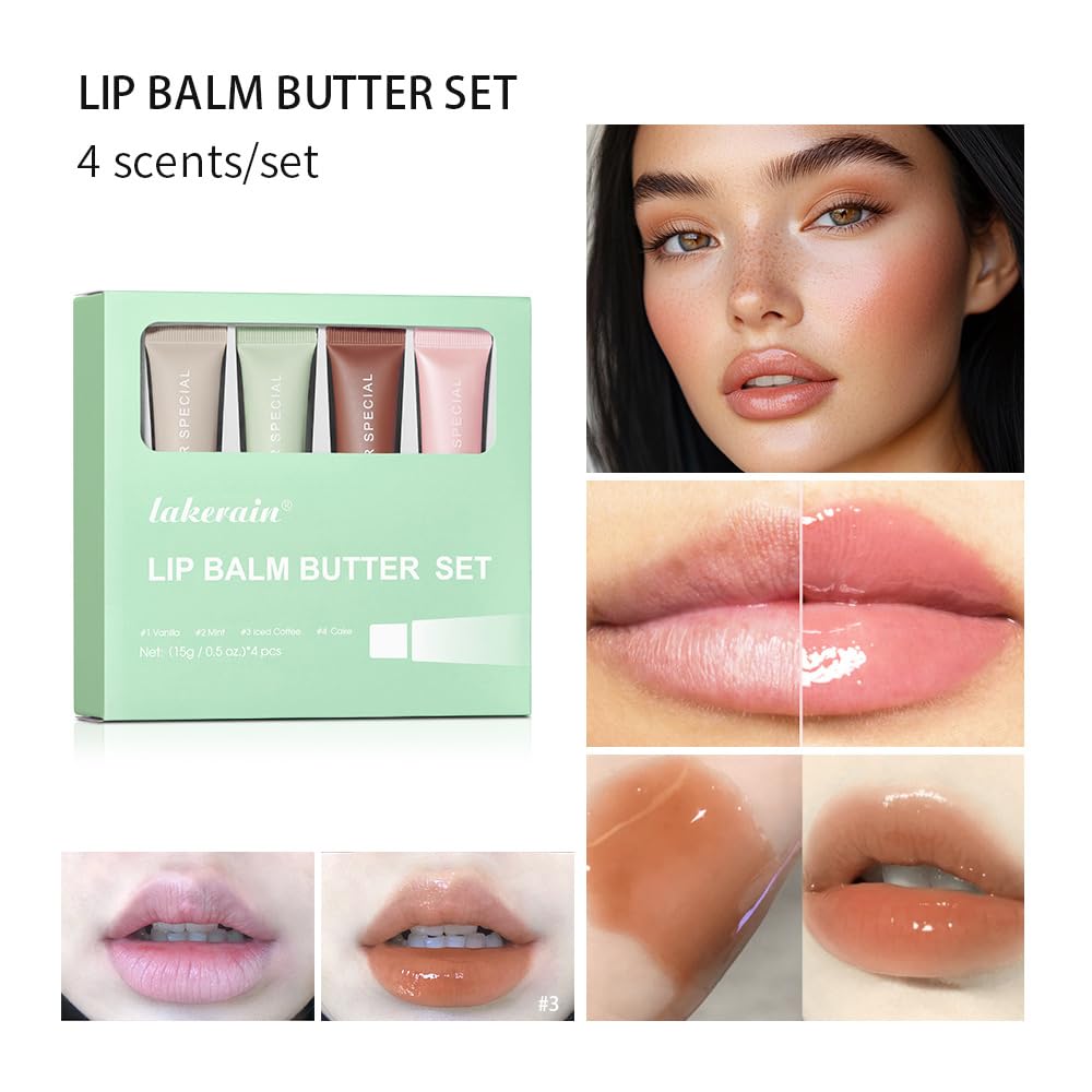 4Pcs Summer Tinted Lip Butter Balm - Ultra-Hydrating, Nourishing Lip Care with Natural Ingredients, Soothes & Softens Dry Lips, Birthday Cake with Slight Shine (Vanilla+Mint+Coffee+Cake, 4Pcs)