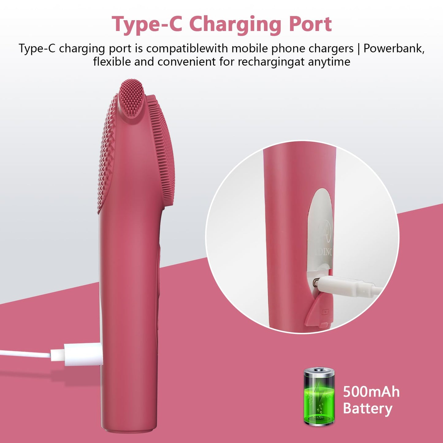 ADINC Silicone Face Scrubber, Waterproof Rechargeable Facial Cleansing Brush, 5 Cleansing Modes with Nose Brush for Women & Men Electric Facial Tool for Deep Cleaning Exfoliating, Massaging Berry