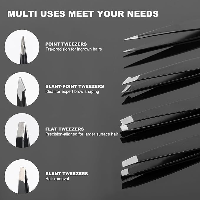 9PCS Professional Tweezers Set and Nail Clippers for Men and Women, Stainless Steel Tweezers No Gaps with Leather Travel Case