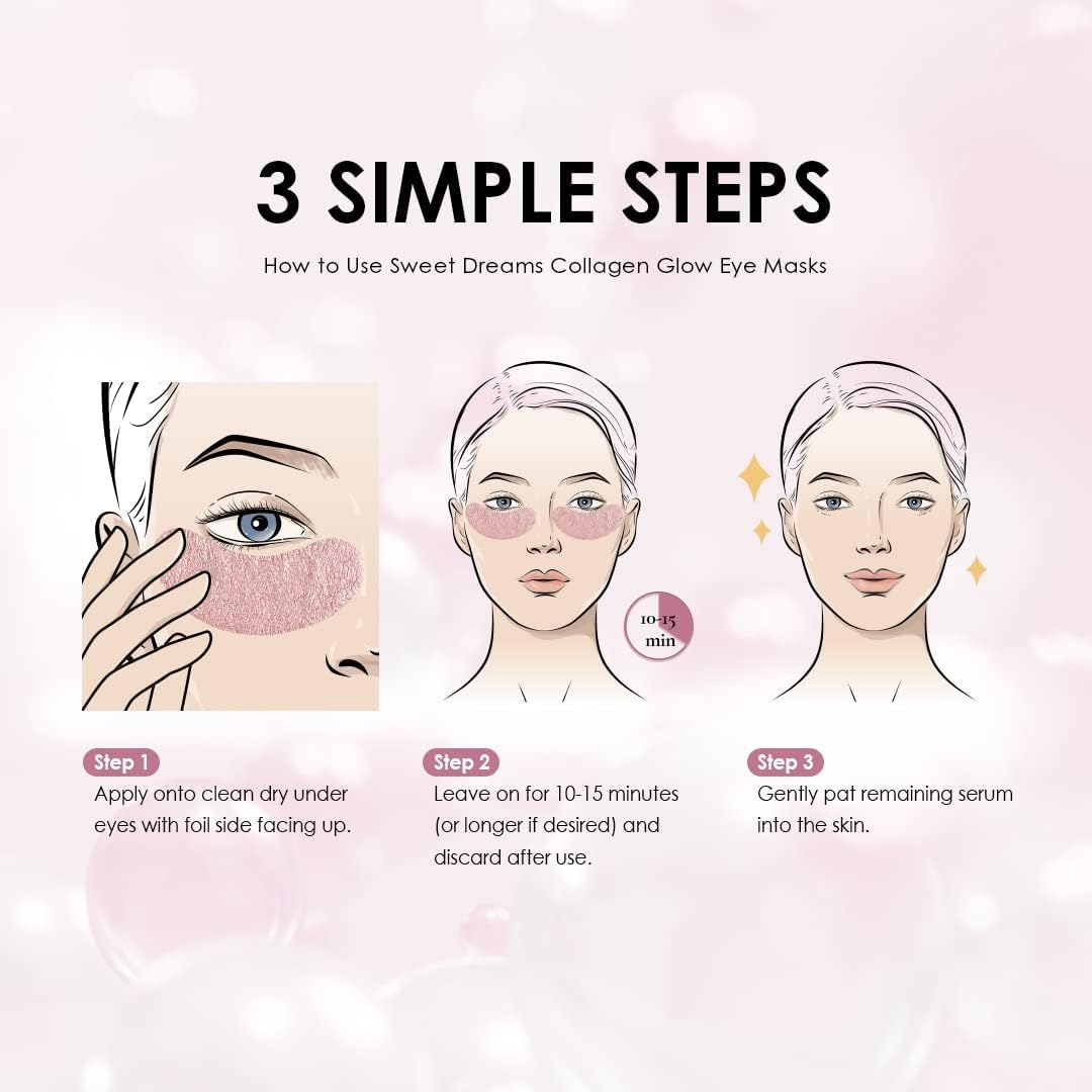 Sweet Dreams Collagen Glow Rose Gold Eye Masks - Korean Under Eye Patches Puffy Eyes, Dark Circles & Wrinkles | Collagen, Niacinamide, Hyaluronic Acid & Peptides | Hydrating Eye Treatment & BeautyCare