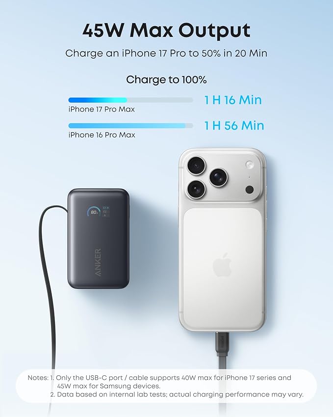 Anker Nano Portable Charger, 10,000mAh 45W Max Compact Power Bank, Travel Essential Phone Battery Pack with 2.3 ft InstaCord Retractable Cable for iPhone 17/16 Series, iPad, Galaxy, Pixel, and More