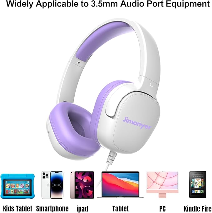Kids Headphones for School, 3.5mm Jack Wired Headphones for Kids with Safe Volume Limiter, HD Stereo Sound On-Ear Girls Boys Toddler Headphone for Tablet, iPad, Kindle(WhitePurple)