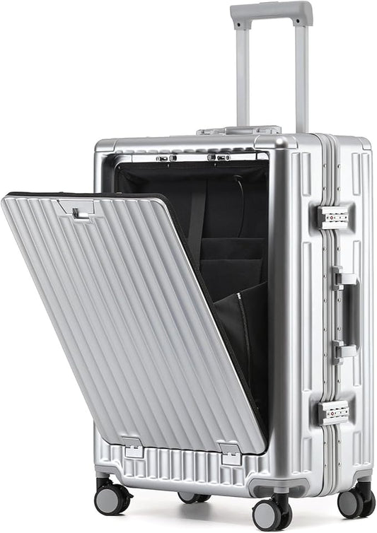26 Inch Zipperless Checked Travel Luggage with Spinner Wheels,Aluminum Frame Hard Shell Front Pocket Suitcase with Compartment TSA Approved USB Port,Cup & Phone Holder for Women Men,Silver