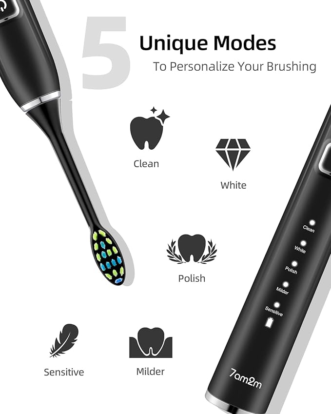 7AM2M Electric Toothbrush 2 Pack Set for Kids and Adults, 12 Brush Heads,5 Adjustable Modes, Built-in 2-Minute Smart Timer,Wireless Fast Charge for 60 Days,IPX7 Waterproof SonicToothbrush(Black+Pink)
