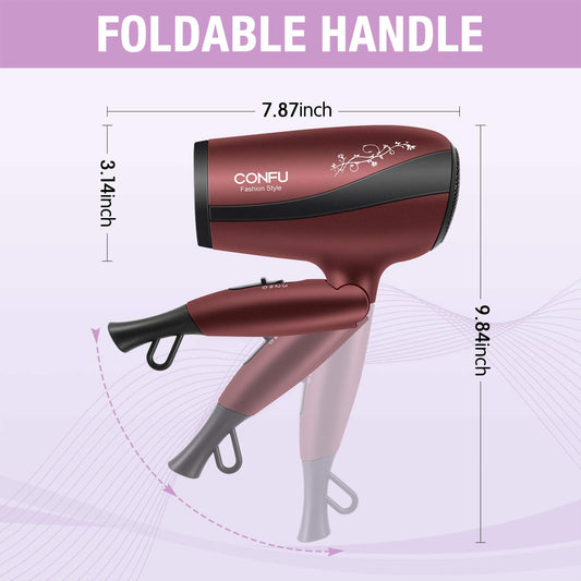 CONFU Portable Travel Blow Dryer, 1600W Ceramic Tourmaline Ionic Hair Dryer, Compact Folding Lightweight Hair Dryers for Women,1600 Watt Shine & Style Small Hair Dryer