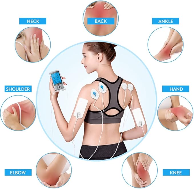 24 Modes Tens Unit Muscle Stimulator, Rechargeable Tens Machine with 8 Electrode Pads (American Gel), Electric Pulse Massager for Pain Relief Therapy(Silver)