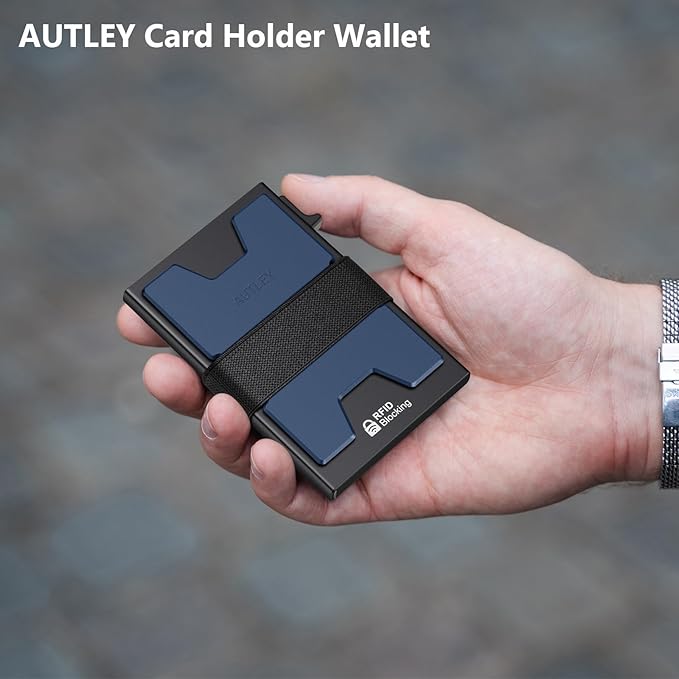 AUTLEY Slim Wallet For Men, Rfid Blocking Mens Wallet, Minimalist Wallet For Men, Pop Up Credit Card Holder with Cash Band (Blue+Black)