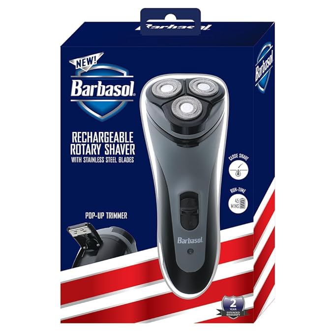 Barbasol Rotary Shaver, Rechargeable Electric Rotary Shaver with Stainless Steel Blades, Pop-Up Trimmer, Wireless Cordless Electric Razor, Close Shave, Full 8 Hour Charge Provides 45 Minute Run-Time