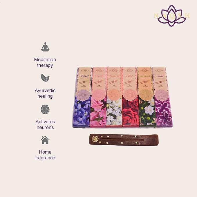 NAQSH Incense Sticks with Wooden Burner Natural Relaxing | Aromatherapy Incense for Air Purifier, Mind & Spirit & Ritualistic Fragrance | Gift Set (Set of 6 Packs - Total 120 Sticks) (Assorted 6)