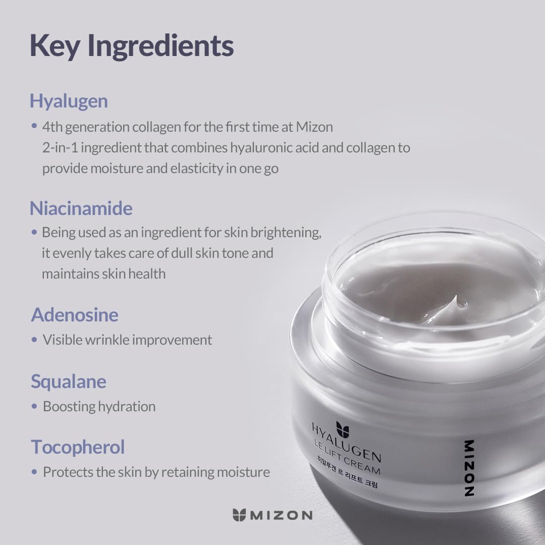 MIZON Hyalugen Le Lift Cream with Hyaluronic Acid and Marine Collagen Deep Hydration Total Care Youthful Skin Revitalizing Korean Skincare (1.69 oz)