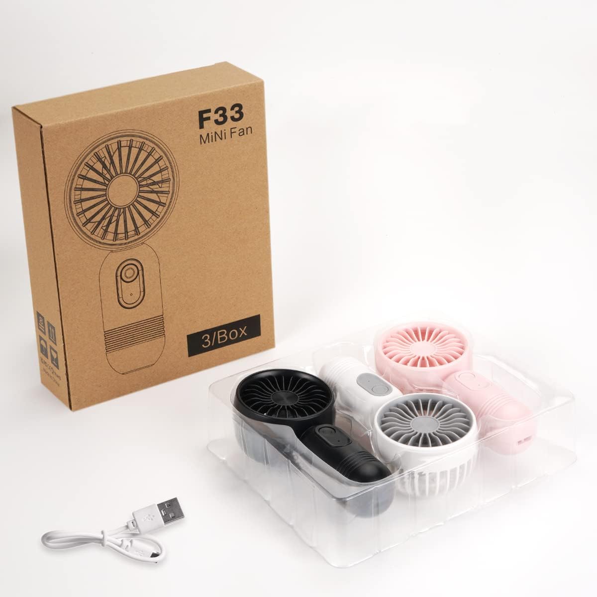 [Portable Mini Fans 3-pack] Handheld Personal Small Fan with 3-speed for Travel, USB Rechargeable Battery Operated Eyelash Fan, Black&White&Pink
