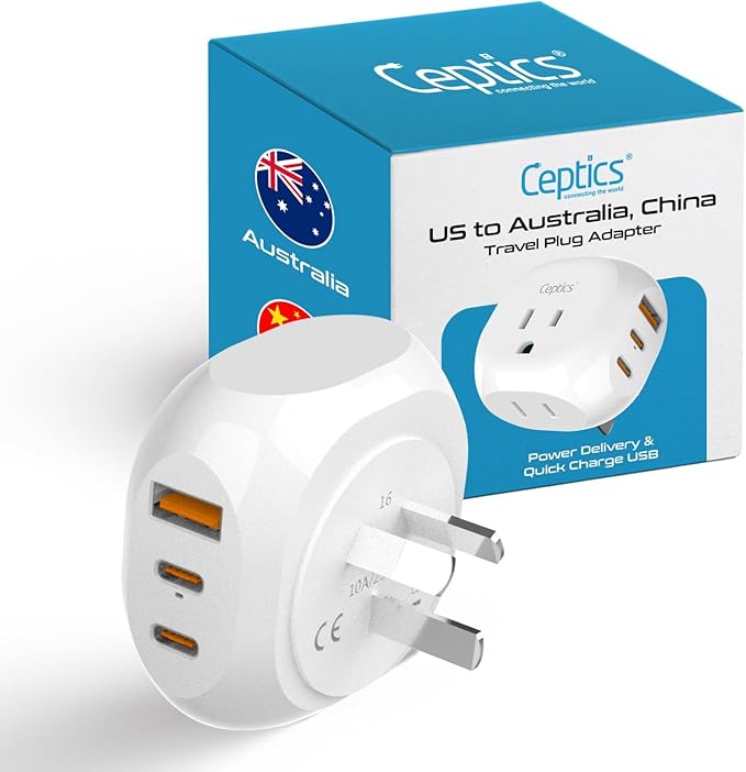 Ceptics Australia, China Travel Adapter - 5 Input with 20W PD-QC 3.1A Dual USB-C and USB - Ultra Compact - Light Weight - USA to Any Type I Countries Such as New Zealand, Argentina and More