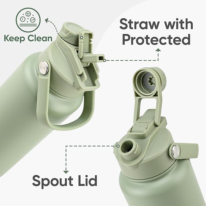 24 oz Insulated Water Bottle, 2-in-1 Lid, Straw & Spout with Protected, Leak Proof, Keep Cold, Stainless Steel, Metal, Reusable, Handle, for Travel, Gym and School, 2 Lids, Sage Green