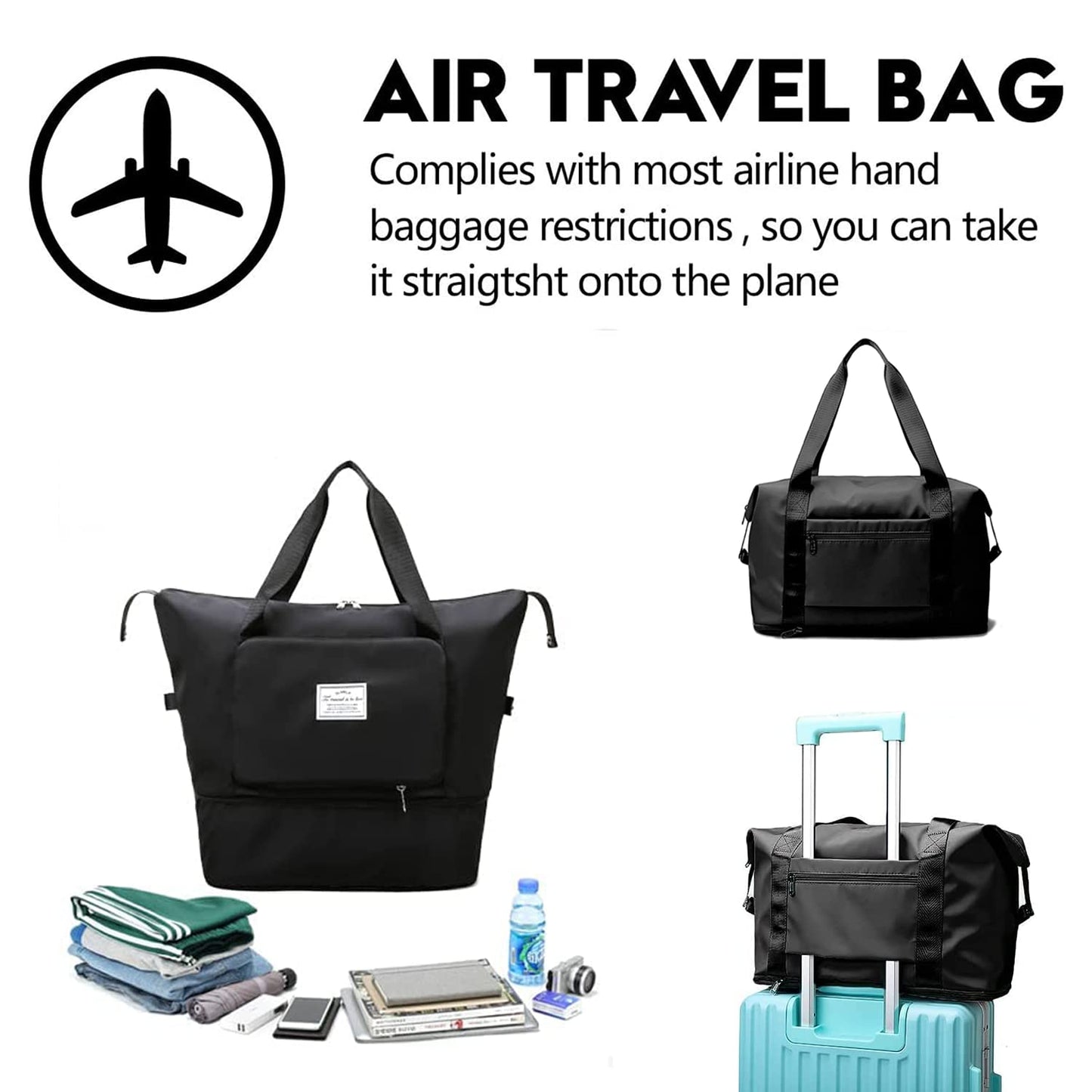 Pin Forest Large Capacity Travel Bag, Expandable Duffel Bag-Water-Resistant Foldable Carry-On with Wet/Dry Compartments | Large Capacity Travel Bag for Gym, Weekends & Overnight Trips (Black)