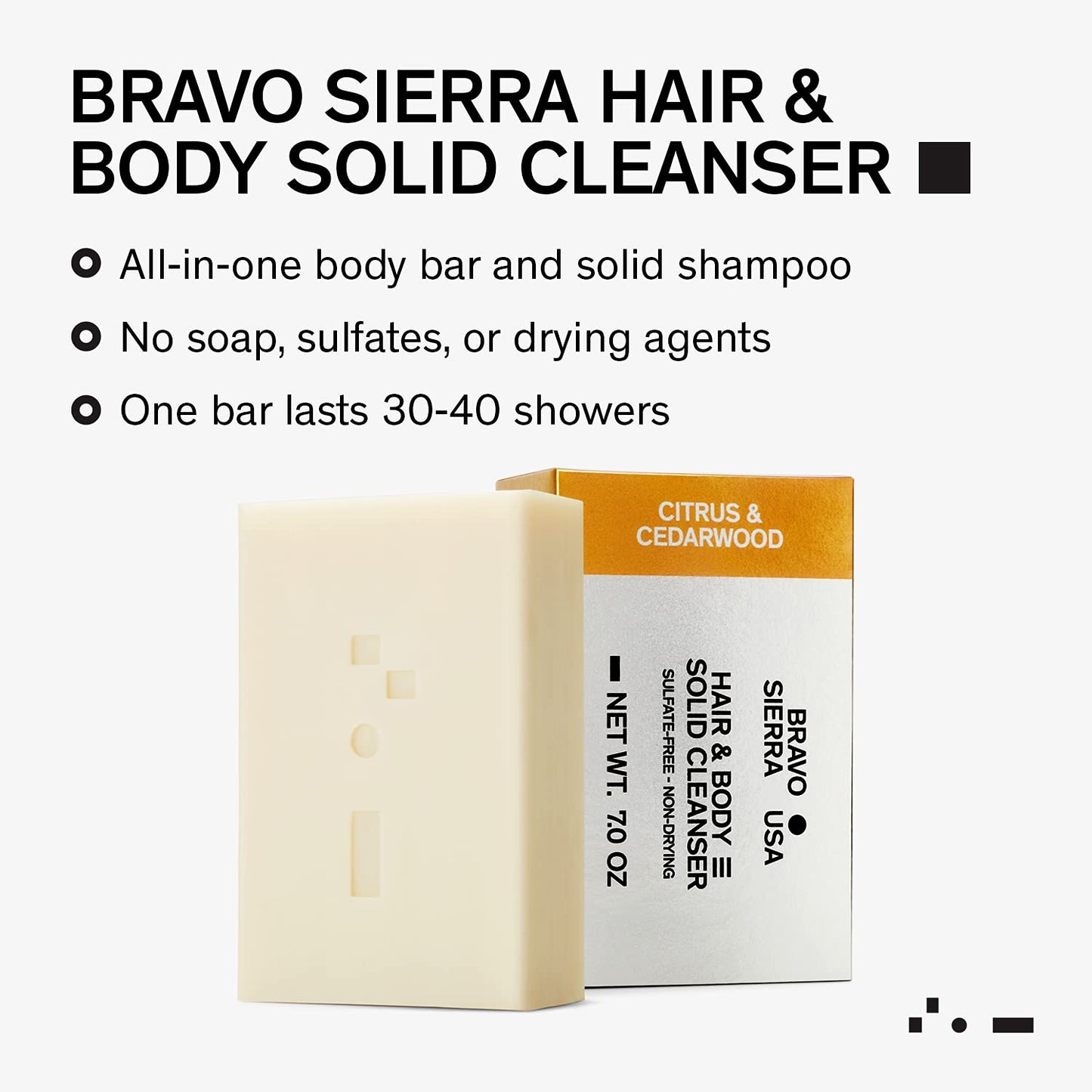Bravo Sierra All-In-One Shampoo & Face Soap Bar - Citrus & Cedarwood, Coconut, Shea Butter and Oat Flour for Soft Skin and Healthy Hair, 7 oz