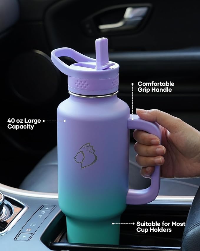 BUZIO Insulated Water Bottle Cup Holder Friendly, 40 oz Metal Travel Tumbler with Handle, Dishwasher Safe Thermo with Straw, Keep Cold for 48hrs, Dark Purple Green