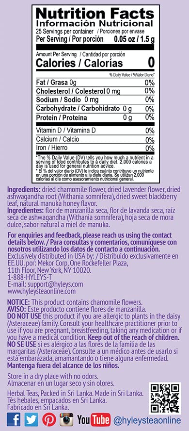 Hyleys Calm Tea with Ashwagandha - Lavender & Honey Flavor - Caffeine-Free, Herbal Tea - 25 Tea Bags - Sleepy Chamomile Bedtime Blend: Natural Herbal Tea for Deep Relaxation & Restful Sleep