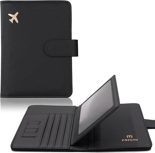 Cnycmy Passport Holder with Vaccine Card Slot, RFID Blocking, Waterproof, Unisex, Faux Leather, 2-in-1 Travel Organizer (Black)