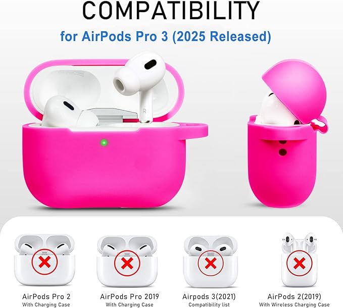 Case for Apple Airpods Pro 3 (2025) - VOTILE Airpods Pro 3 Cases Cover Women Silicone iPods Pro 3 Earbuds Wireless Accessorie Charging Cases Girl Keychain for Airpod iPods Pro 3 Generation - Hot Pink