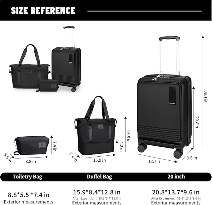 20 inch Small Carry On Luggage Front Open with Laptop Pocket, ABS+PC Hard Shell Suitcase with Spinner Wheels TSA Lock & YKK Zipper, 20in/Toiletry Bag/Handbag, Black