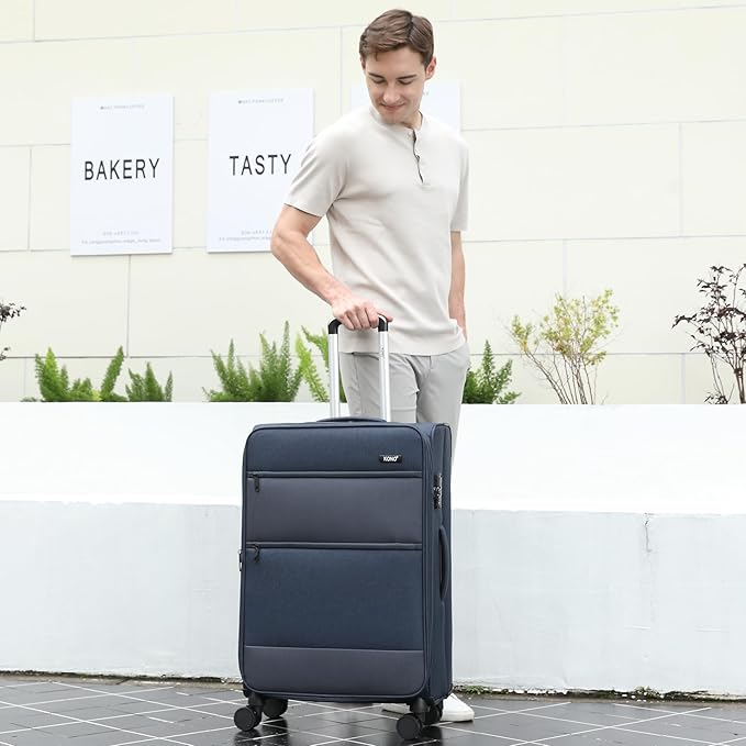 Kono 28 Inch Softside Expandable Checked Luggage with 8 Spinner Wheels TSA Lock Softshell Lightweight Business Travel Suitcase for Men and Women, Navy Blue