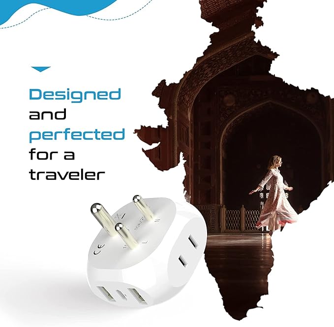 Ceptics India, Pakistan Travel Adapter - 5 Input with QC 3.1A Dual USB and USB-C - Ultra Compact - Light Weight - USA to Any Type D Countries Such as Bangladesh, Maldives and More (PTU-10), White