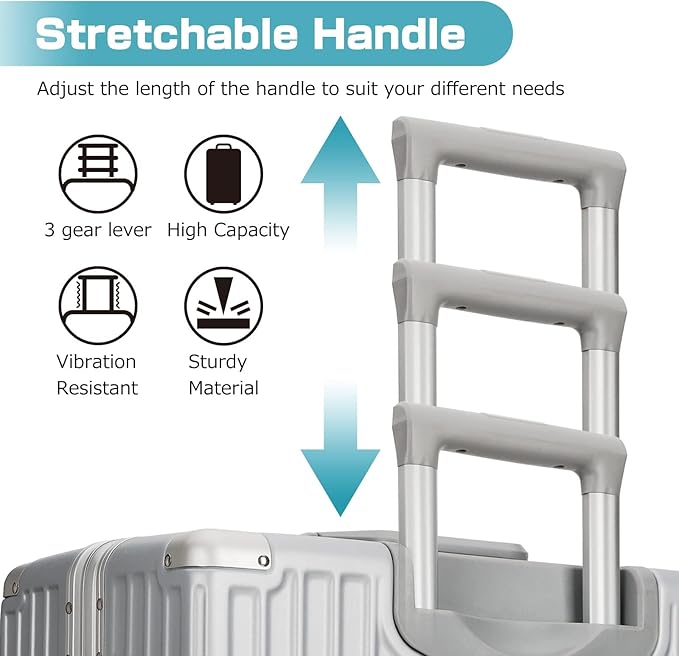 AnyZip Carry On Luggage - Aluminium Frame, PC ABS Hard Shell, Suitcases with Wheels, TSA Lock, No Zipper - 20in Silver