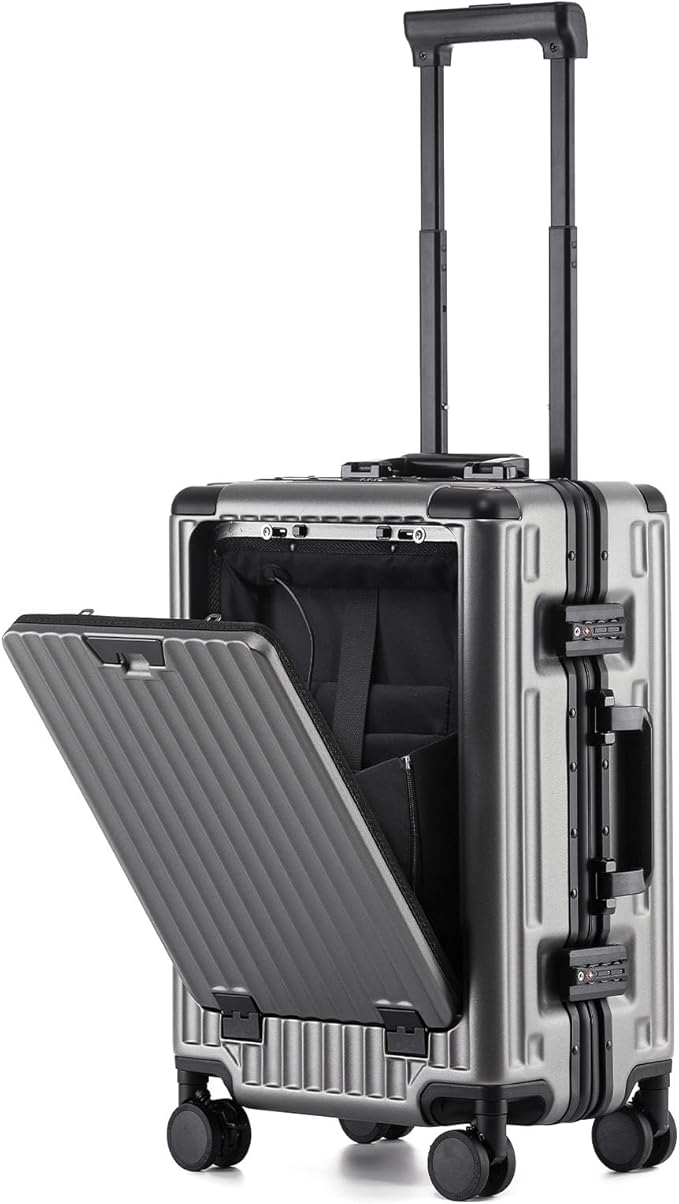 20 Inch Zipperless Carry On Luggage 22x14x9 Airline Approved With Spinner Wheels,Aluminium Frame Hard Shell Travel Suitcase with TSA Approved Cup Holder USB Port Holder for Women Men,Grey