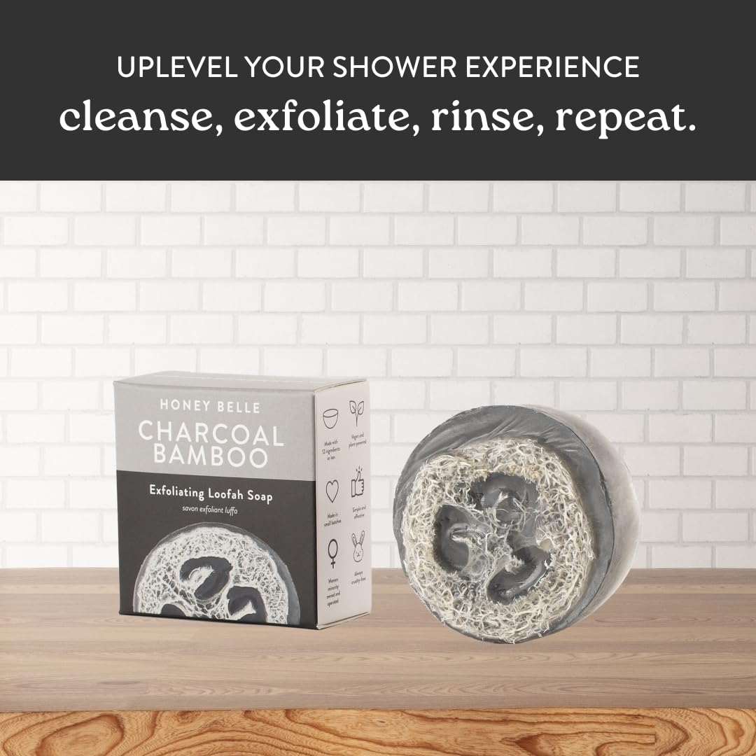 Honey Belle Charcoal Bamboo Exfoliating Loofah Soap 2-Pack - Exfoliating Bar Soap with Loofah Inside - Cleansing, Moisturizing, Nourishing, Scrubby Soap - Plant-Based, Eco-Friendly, Vegan