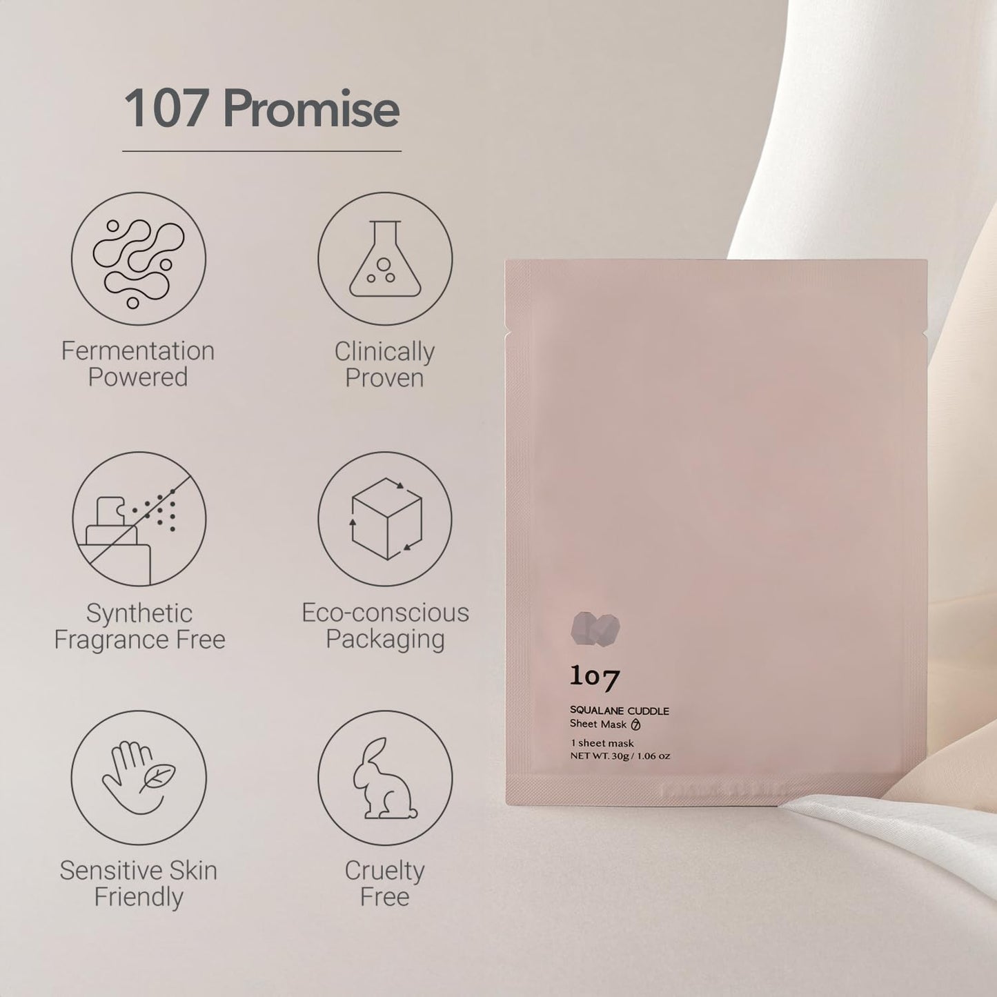 107 SQUALANE CUDDLE Sheet Mask, Pack of 5 Sheets, Squalane & Niacinamide, Hydrating & Rejuvenating Facial Treatment, Korean Skincare, 30g (1.06oz) per Sheet