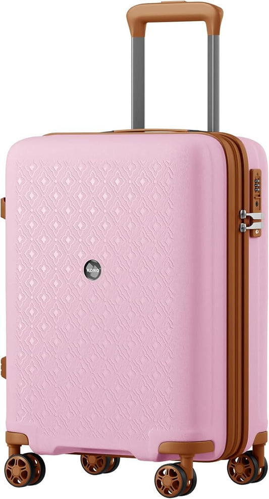 Kono 20 Inch Expandable Hard-Shell Suitcase, Ideal For Short Trips, Durable PP Material, With Hidden Cup Holder & TSA Lock, Pink/Brown