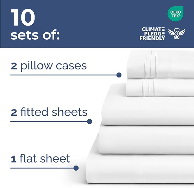 Bulk Case Pack of 10 Sheet Sets - (10) Complete Sheet Sets - Bulk Split King Bedding - Wholesale Case Pack for Hotels & Airbnbs - Deep Pocket & Wrinkle Free - Cooling & Breathable - Split King, White