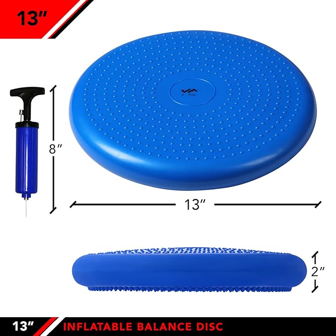 JFIT Inflatable Balance and Stability Disc - Large Yoga Wobble Cushion Trainer with Pump - Core Fitness and Workout Equipment Discs for Home - Office Chair, Ankle Strength Training and Dog or Pet Activity, Blue, 13-Inch