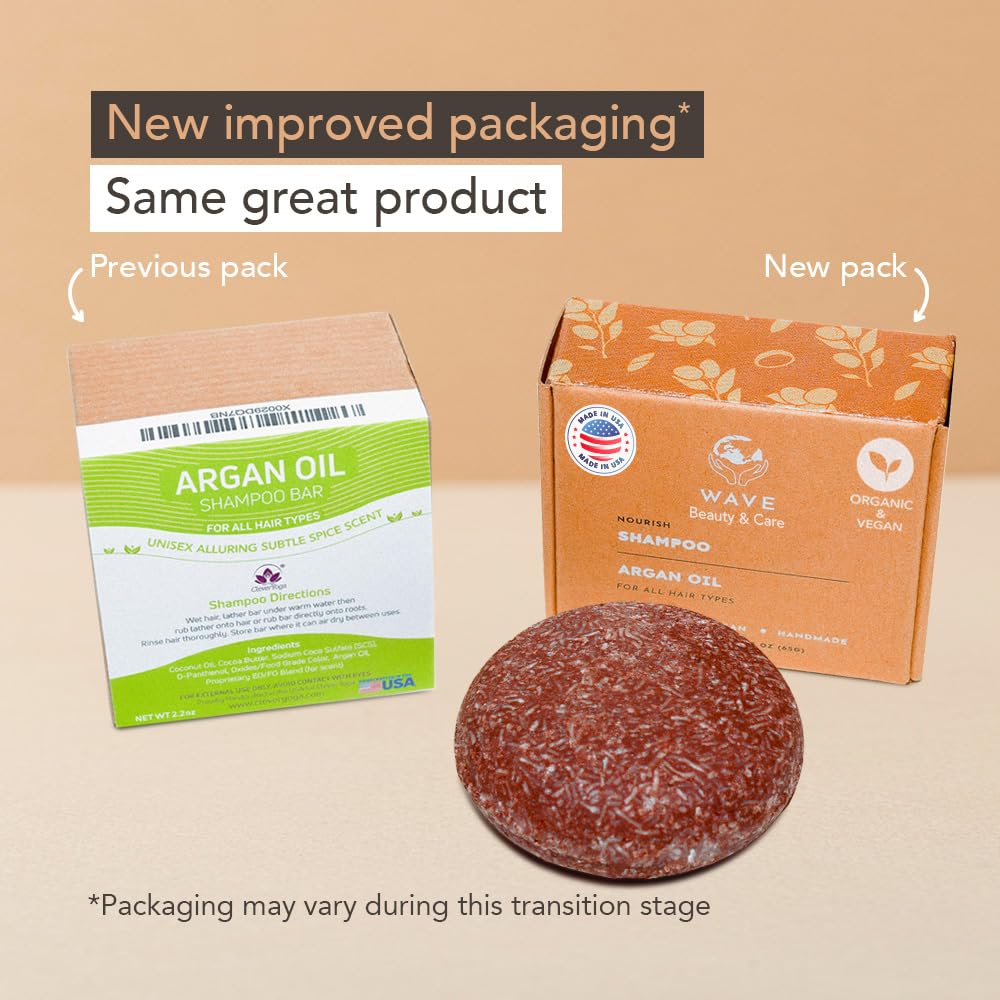 Wave Argan Oil Shampoo Bar - Moisturizing & Handmade Vegan Bar for Shiny Hair, Natural, Organic & Non-GMO Shampoo for Women & Men, 2.3 oz, Long-Lasting (80-120 Uses)