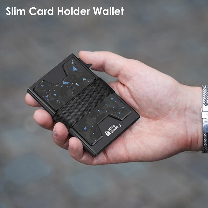 AUTLEY Slim Card Holder, Minimalist Pop Up Wallet for Men, RFID Blocking Mens Wallet with Cash Band (Blue Spot Carbon Fiber)