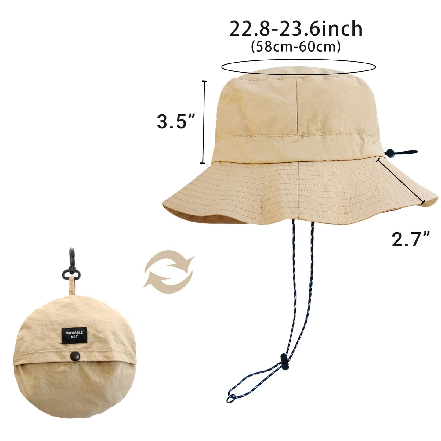 PFFY Quick Dry Waterproof Packable Bucket Hat for Women Men Outdoor Sun Hats with Detachable Chin Strap Black