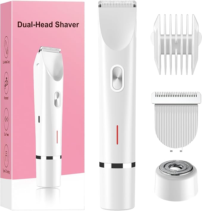 Bikini Trimmer for Women Electric Razors for Women, Double Head Dual Purpose, IPX7 Waterproof Hair Razor, Ceramic Blade Hair Trimmer Wet & Dry Use, Painless Electric Shaver for Facial and Body (White)