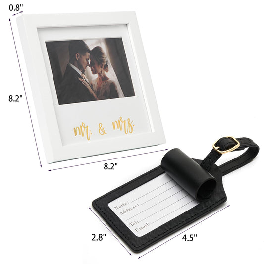 Mr and Mrs Wedding Gift Set, Heart Thumbprint Picture Frame with Ink Pad, Embroidered Luggage Tags, Engagement Gift for Couples, Honeymoon Travel Keepsake (Mr Mrs, White Black Gold, 4X6)