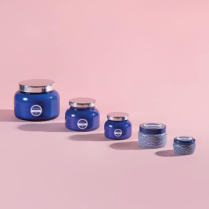 Capri Blue Printed Travel Tin Jar Candle - Luxury Candle with a Soy Wax Blend - Blue Candle with Lid - Scented Candles for Home with Notes of Hibiscus, Lime, Coconut & Amber (Coconut Santal, 8.5 oz)