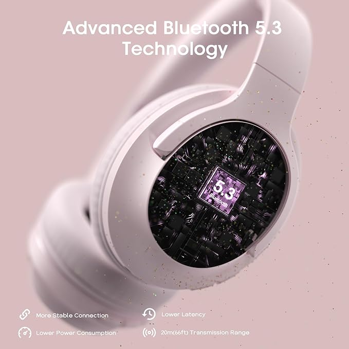 Bluetooth Headphones Over Ear, 80H Playtime Wireless Headphone with 3 EQ Modes, Built-in Mic, Deep Bass, HiFi Stereo Foldable Wireless Headset for iPhone PC Travel Workout Office (Pink)