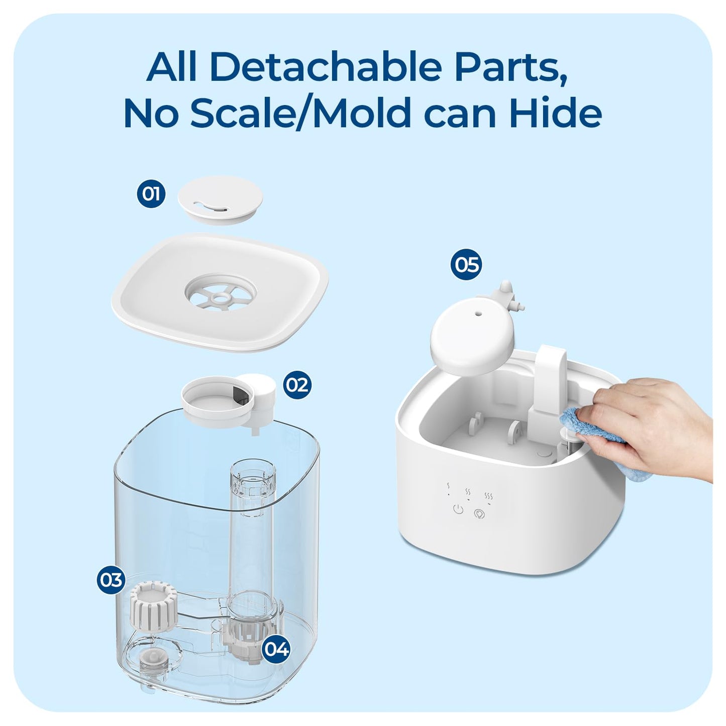 ROSEKM Humidifiers for Bedroom, Top Fill 2.5L Cool Mist Humidifiers for Large Room, Easy to Fill & Clean, 30H Runtime, 28dB Quiet Air Humidifier for Plants, Baby Nursery, Indoor with Night Light